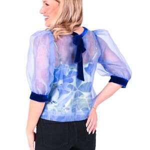 Elegant Blue Sheer Blouse with Velvet Accents